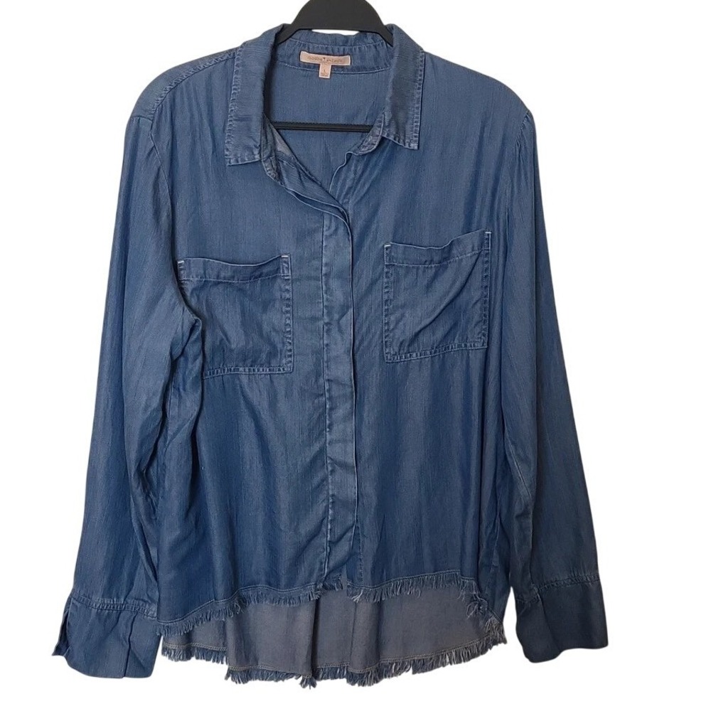 Gibson Latimer Blue Tencel Chambray Fringe Hem Button Down Shirt Womens Large